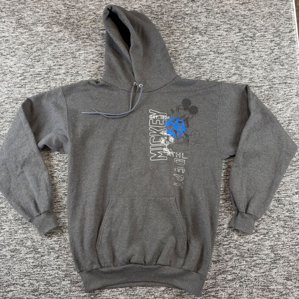 Disney Mickey Mouse 28 Dept Mens Gray Pullover Hoodie Hanes Graphic Sweatshirt
